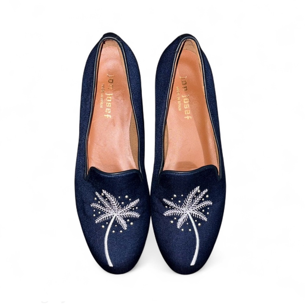 Jon Josef Spain Navy Palm Embellished Linen Loafer Slip On Size 7 Quiet Luxury
